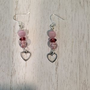 Pink beads with silver heart earrings
